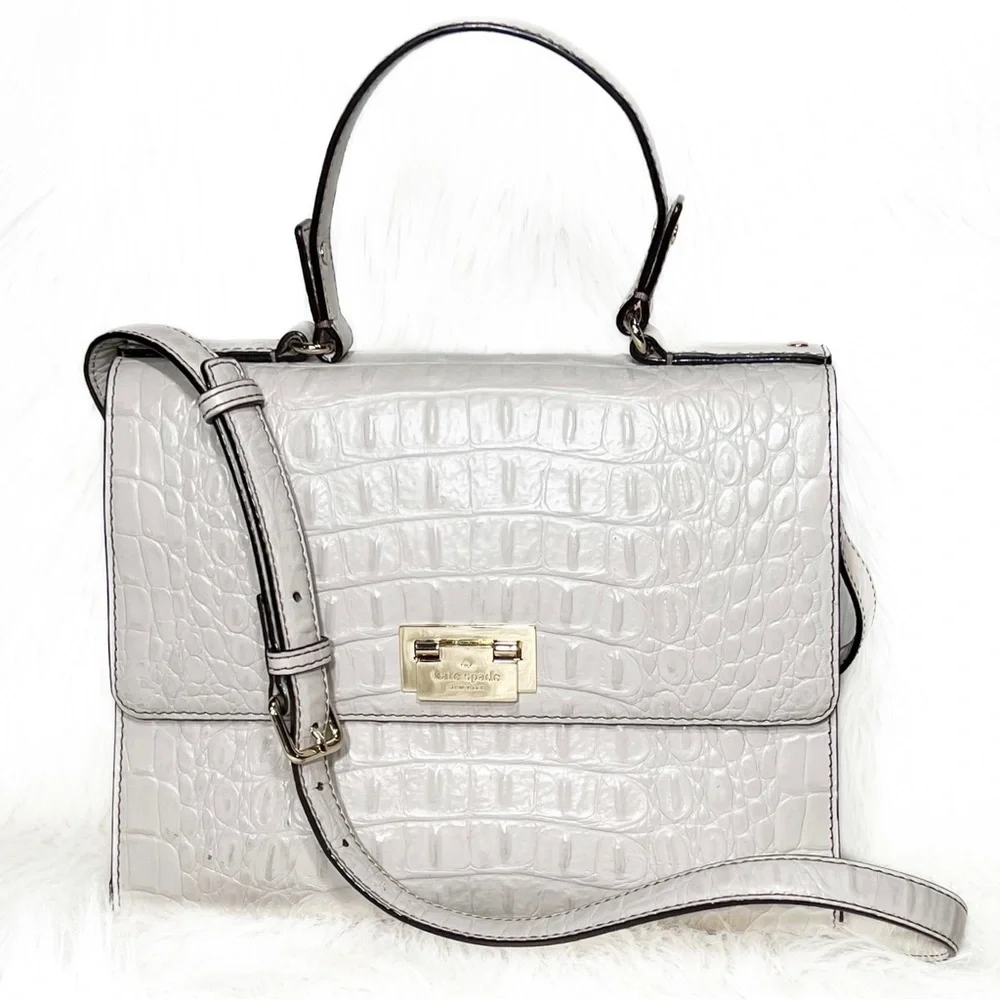 SOLD-Kate Spade Croc Leather Medium Satchel Handbag, Cream Ivory Beige - Picture 1 of 12